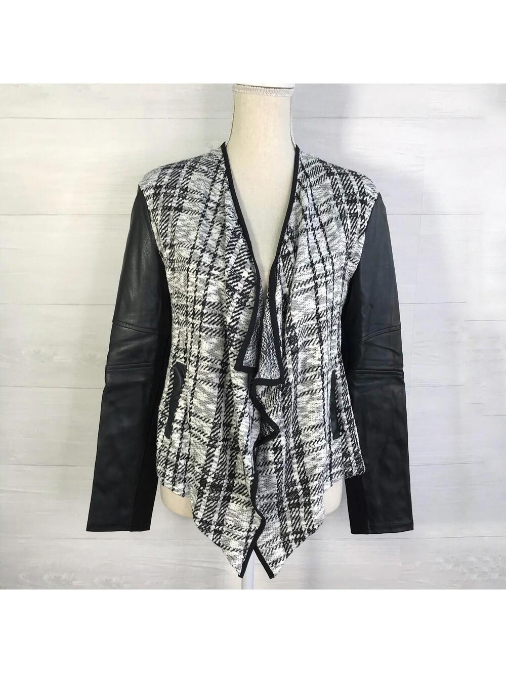 NWT Joseph Ribkoff - Black knit Cover Up jacket, faux leather sleeves, sz 8
